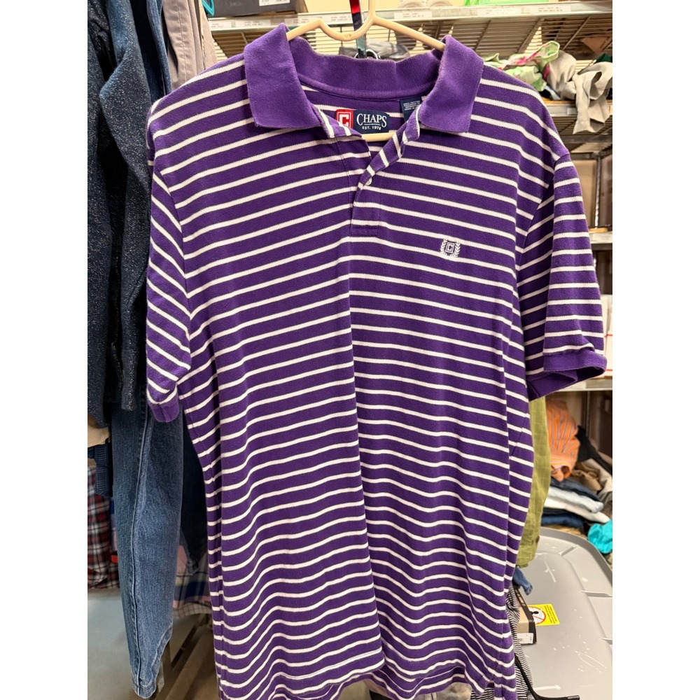 Chaps Mens Large Purple White Striped Cotton Pique Short Sleeve Polo Shirt Logo